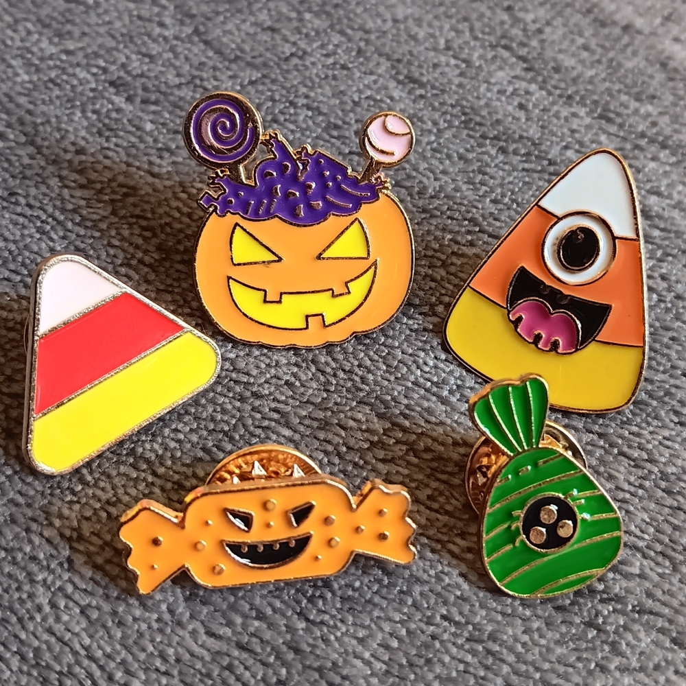 Cute Happy Halloween Candy Pin Bundle Lot Of 5, Pumpkin Corn Fall Brooches
